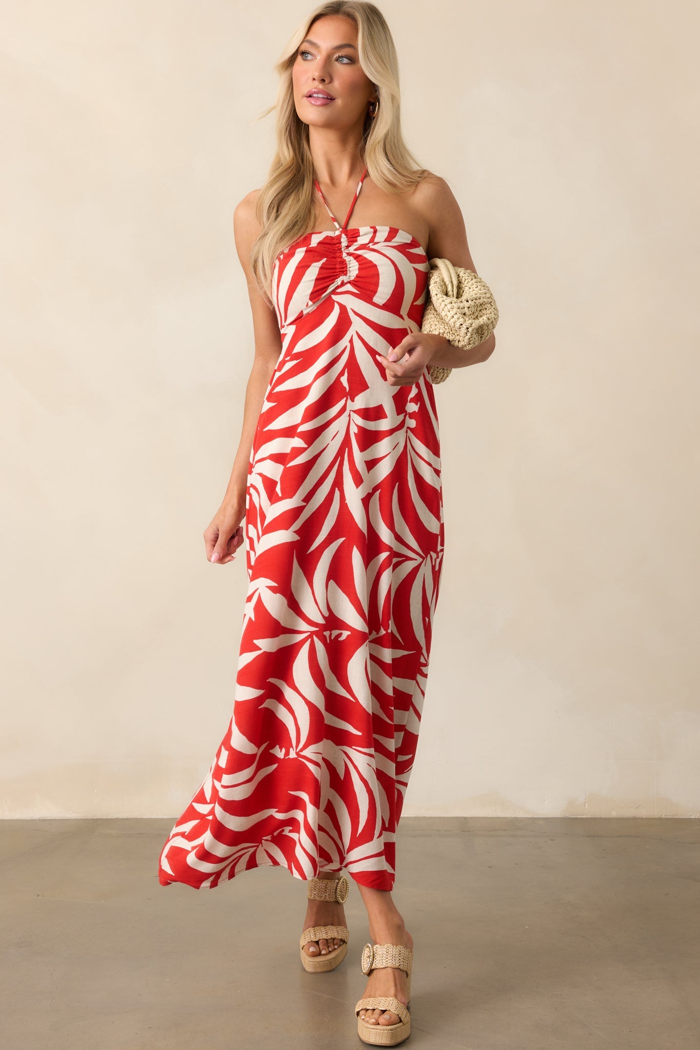 Z Supply Red Linen Blend Elodi Palm Floral Midi Dress
