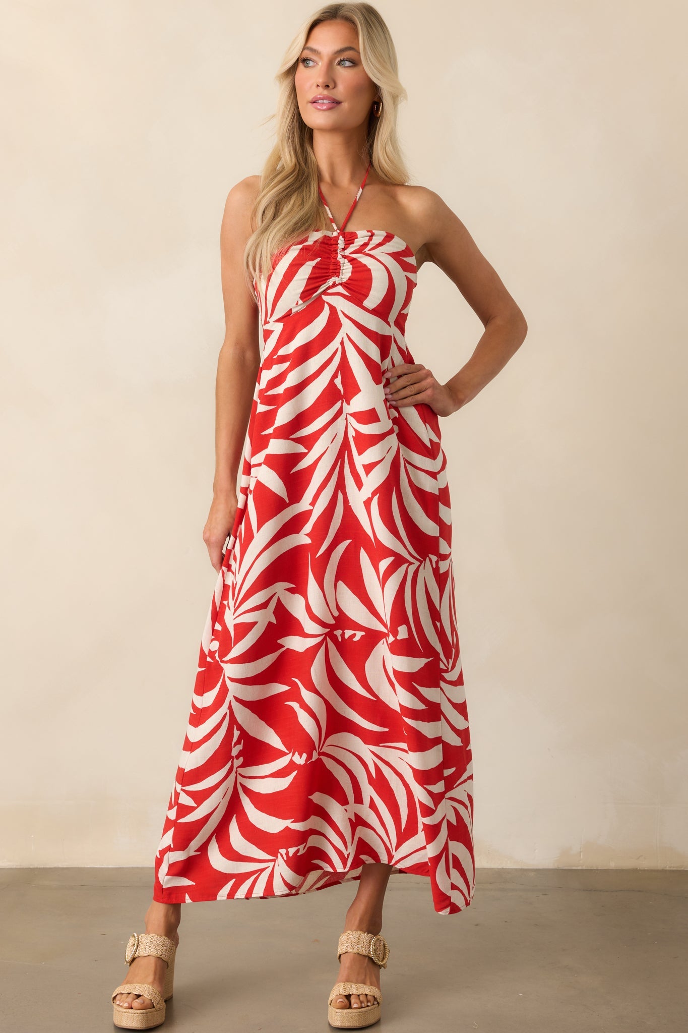 Z Supply Red Linen Blend Elodi Palm Floral Midi Dress