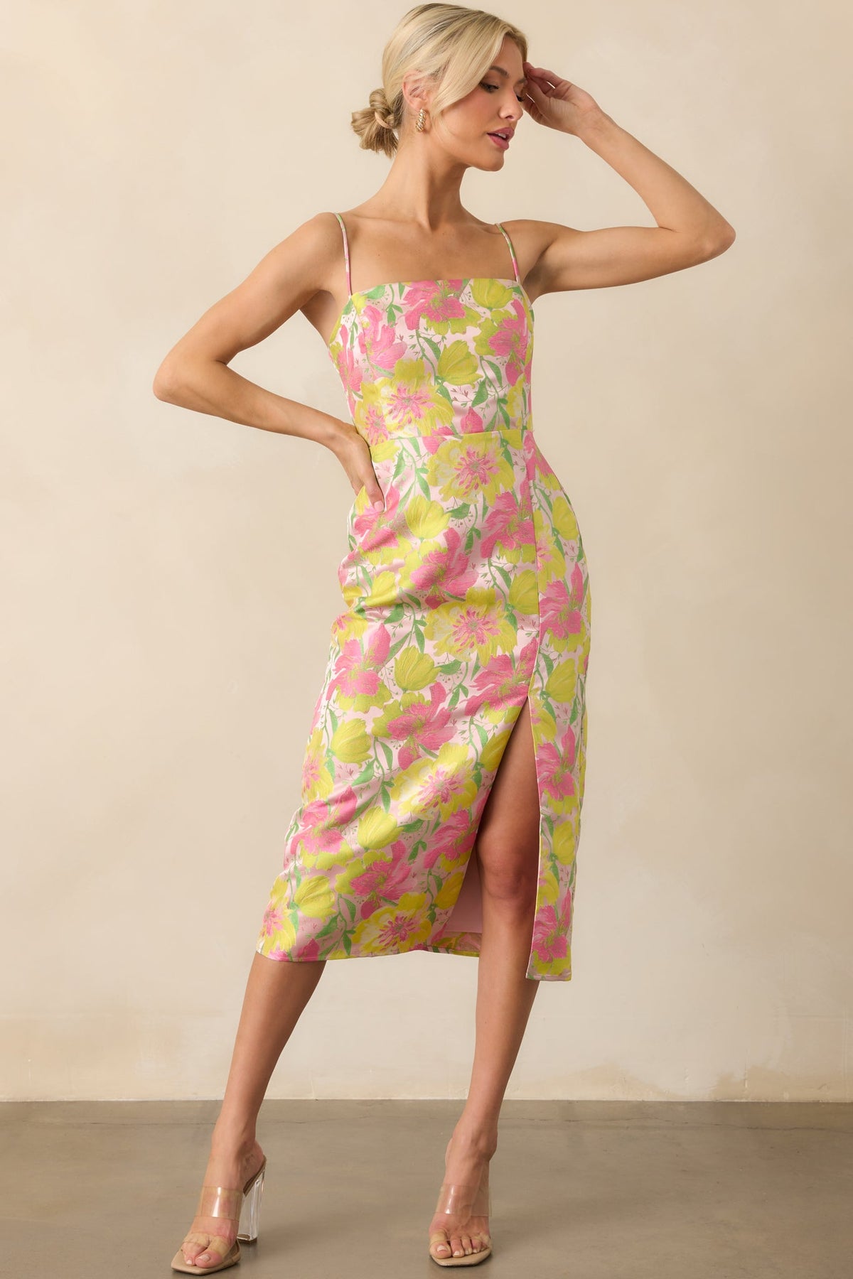 All Of Your Greatness Light Pink Floral Print Jacquard Midi Dress