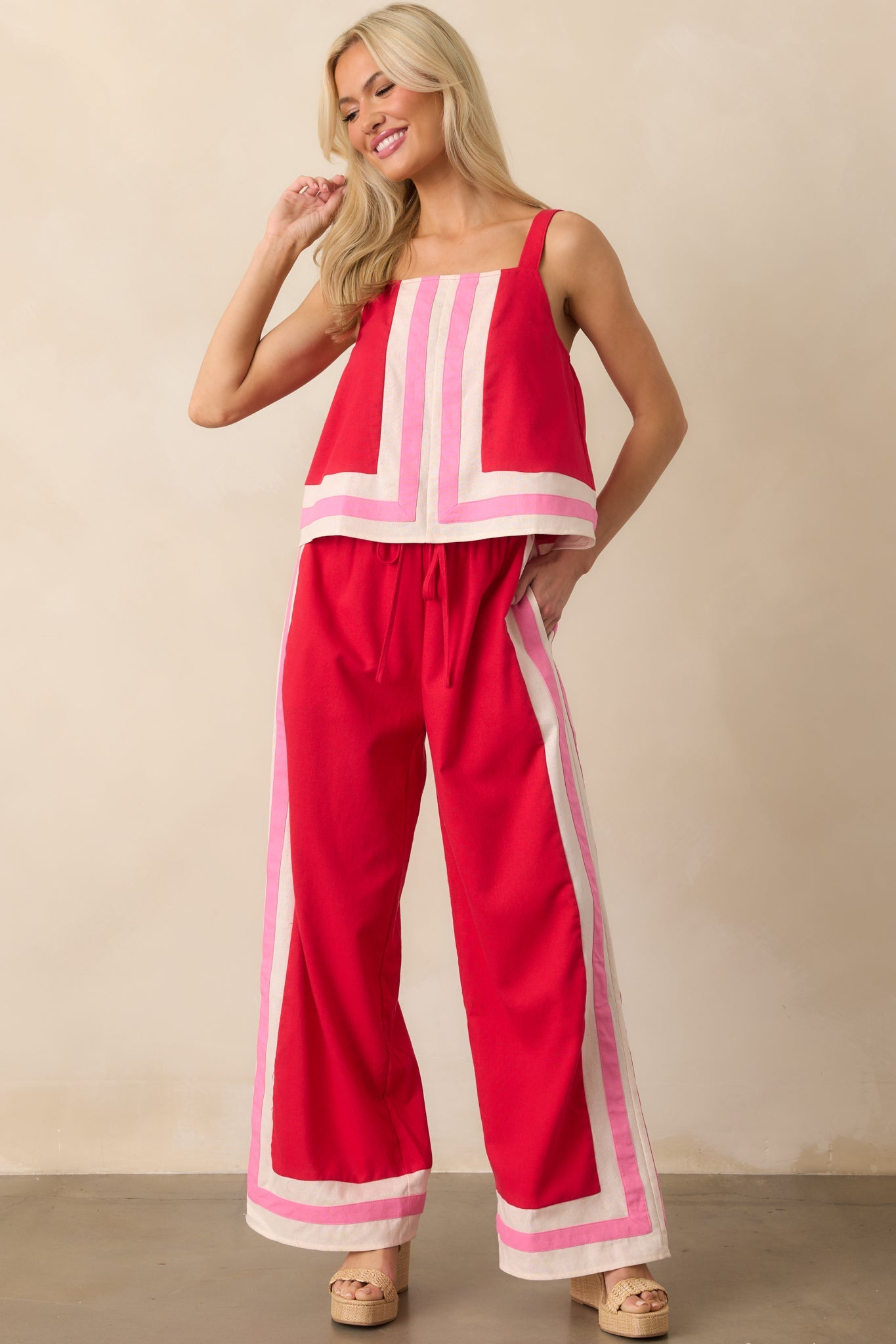Time On My Hands Red Linen Blend Contrast Trim Crop Top