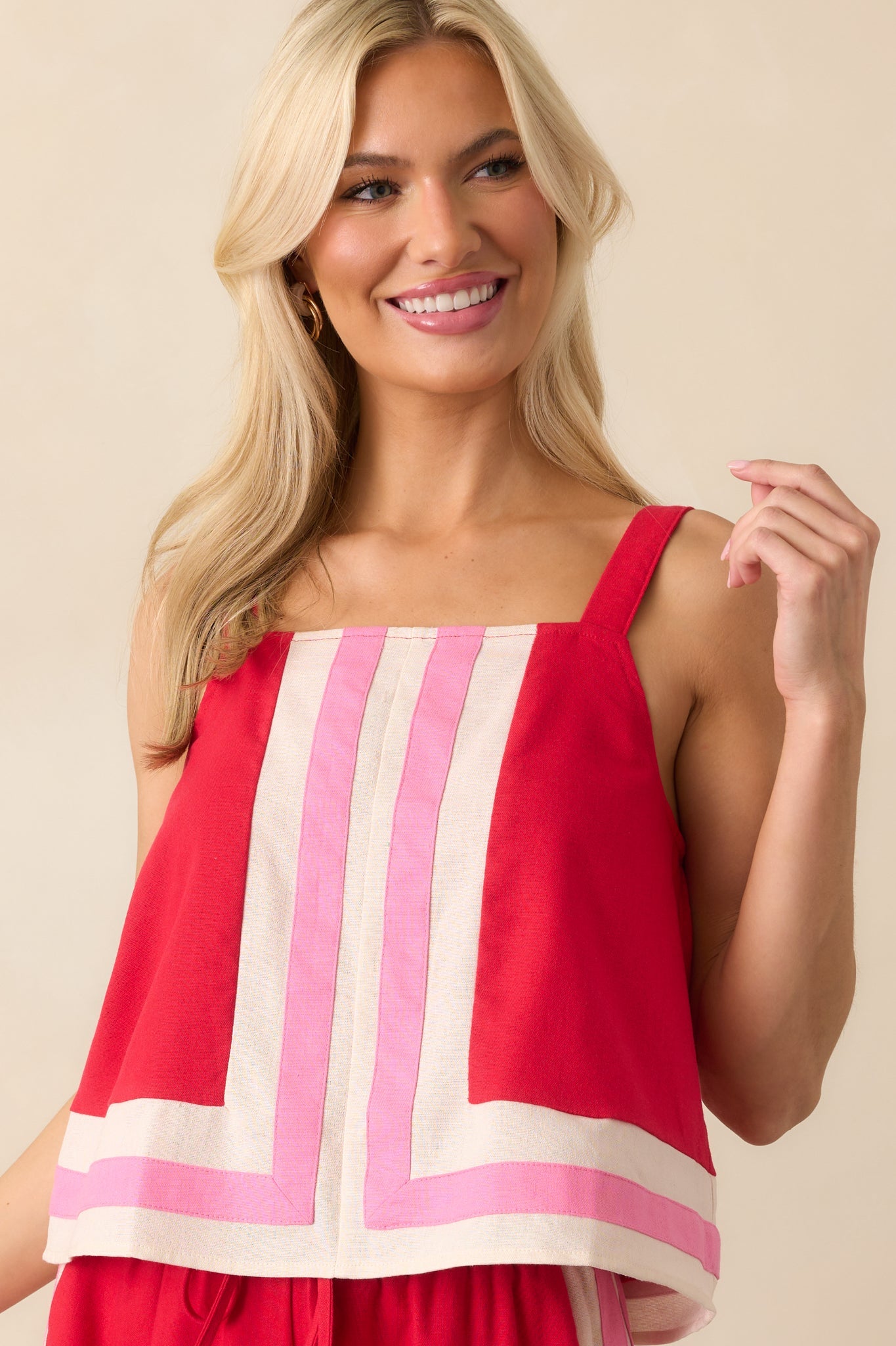 Time On My Hands Red Linen Blend Contrast Trim Crop Top