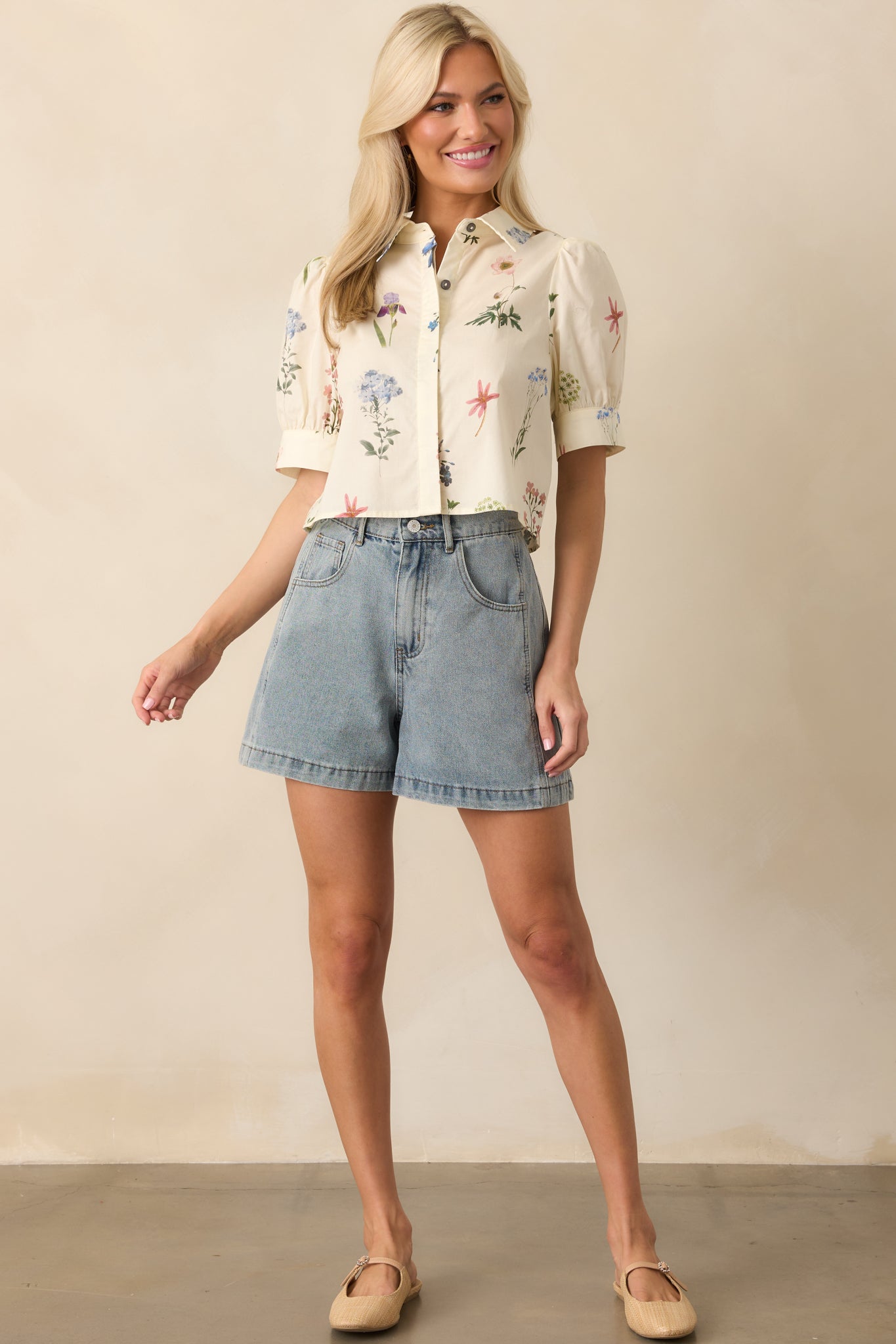 Found My Peace Ivory Floral Print Cotton Button Front Top