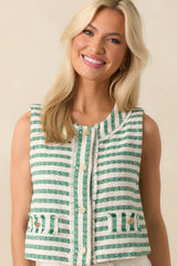 Somewhere In Between Green Stripe Bouclè Button Front Vest
