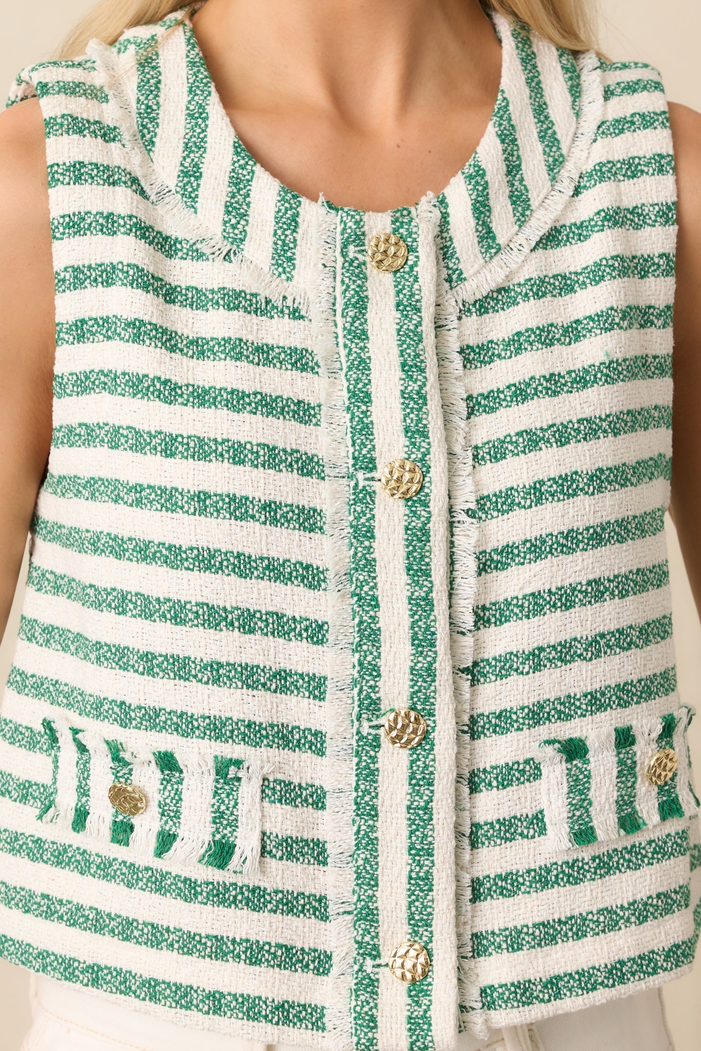 Somewhere In Between Green Stripe Bouclè Button Front Vest