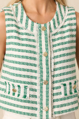 Somewhere In Between Green Stripe Bouclè Button Front Vest