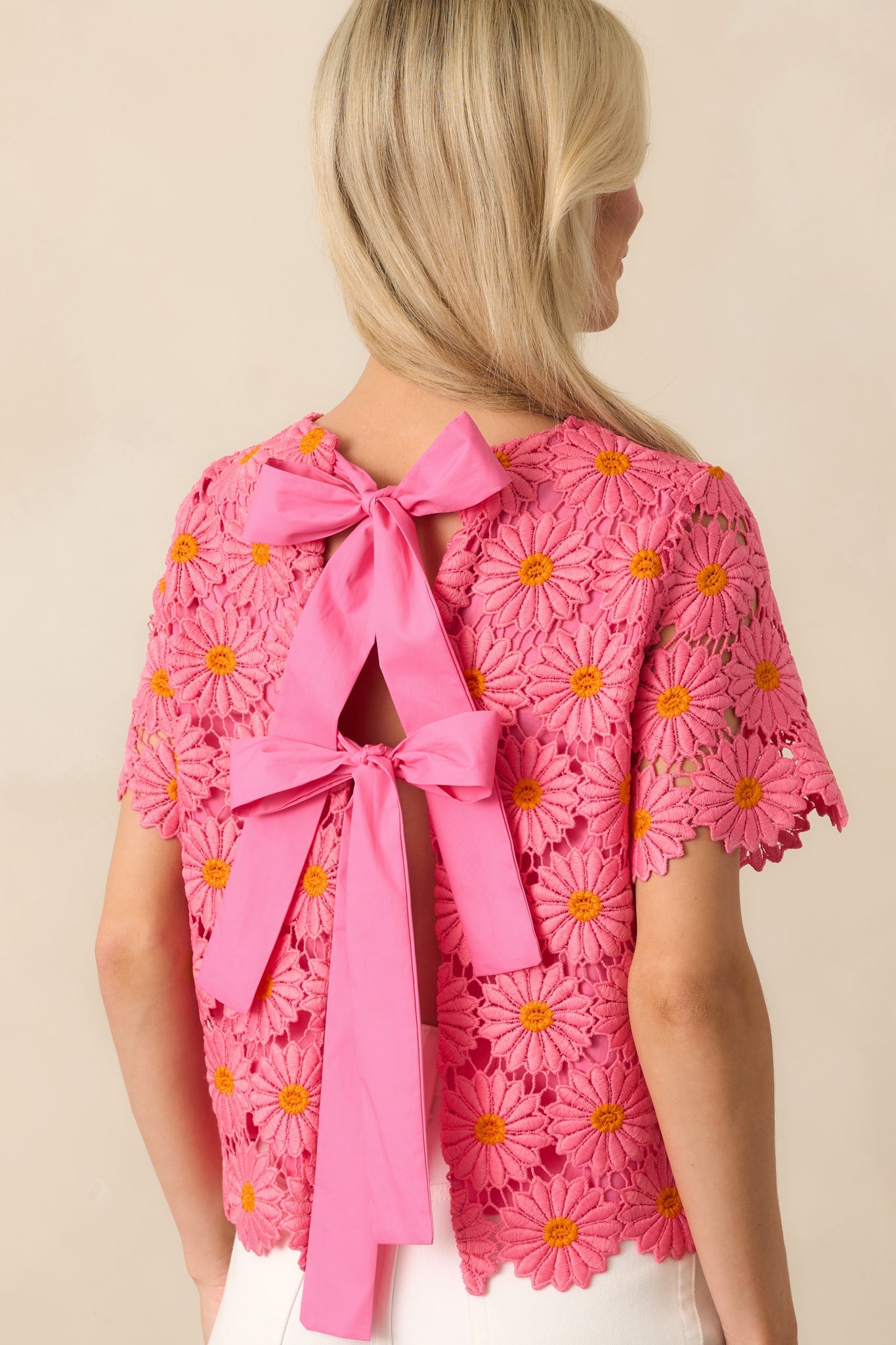 Reading My Mind Hot Pink Floral Embroidered Lace Bow Back Top