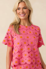 Reading My Mind Hot Pink Floral Embroidered Lace Bow Back Top