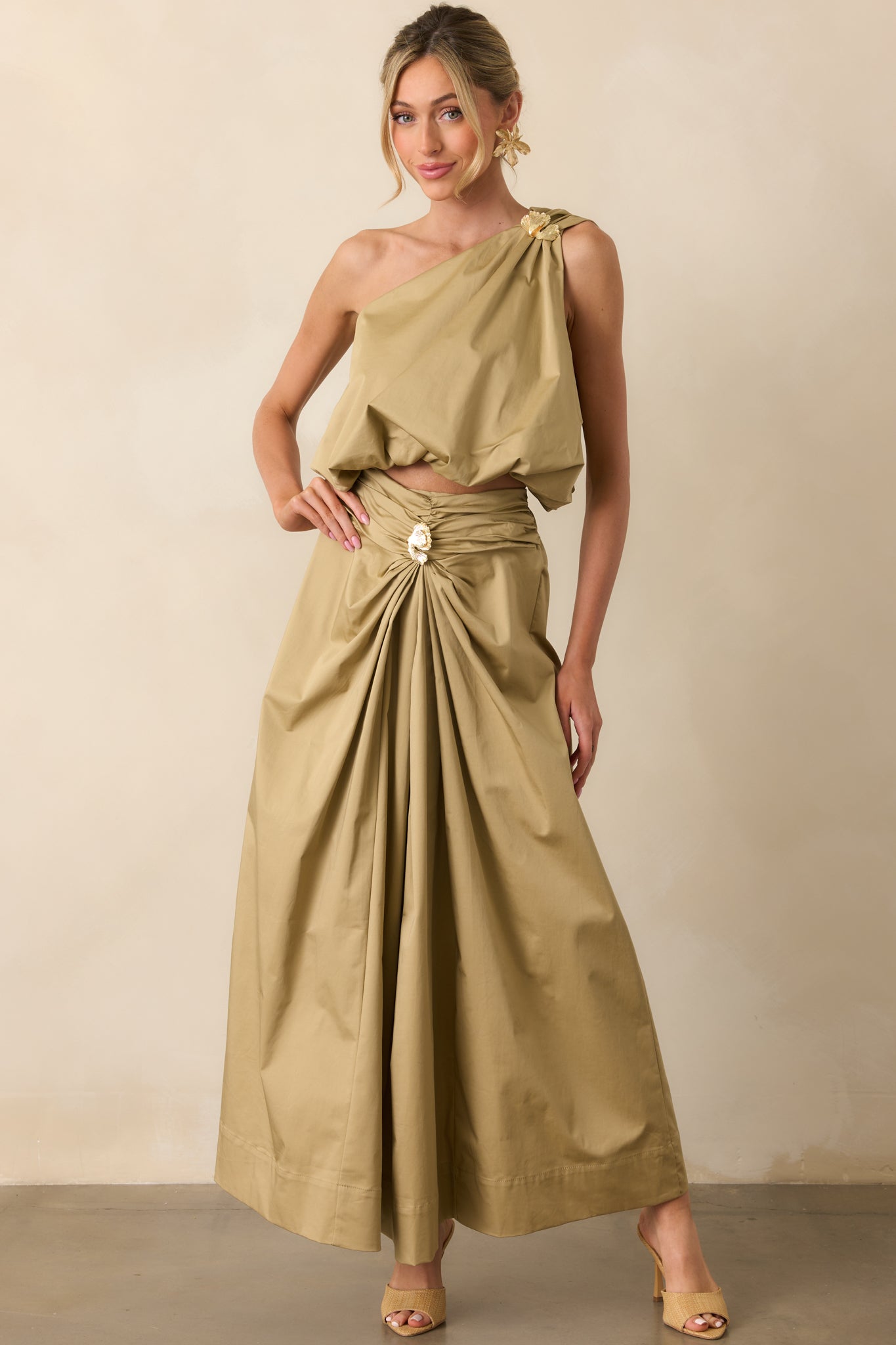 Get My Good Side Tan One Shoulder Bubble Hem Crop Top