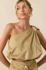 Get My Good Side Tan One Shoulder Bubble Hem Crop Top