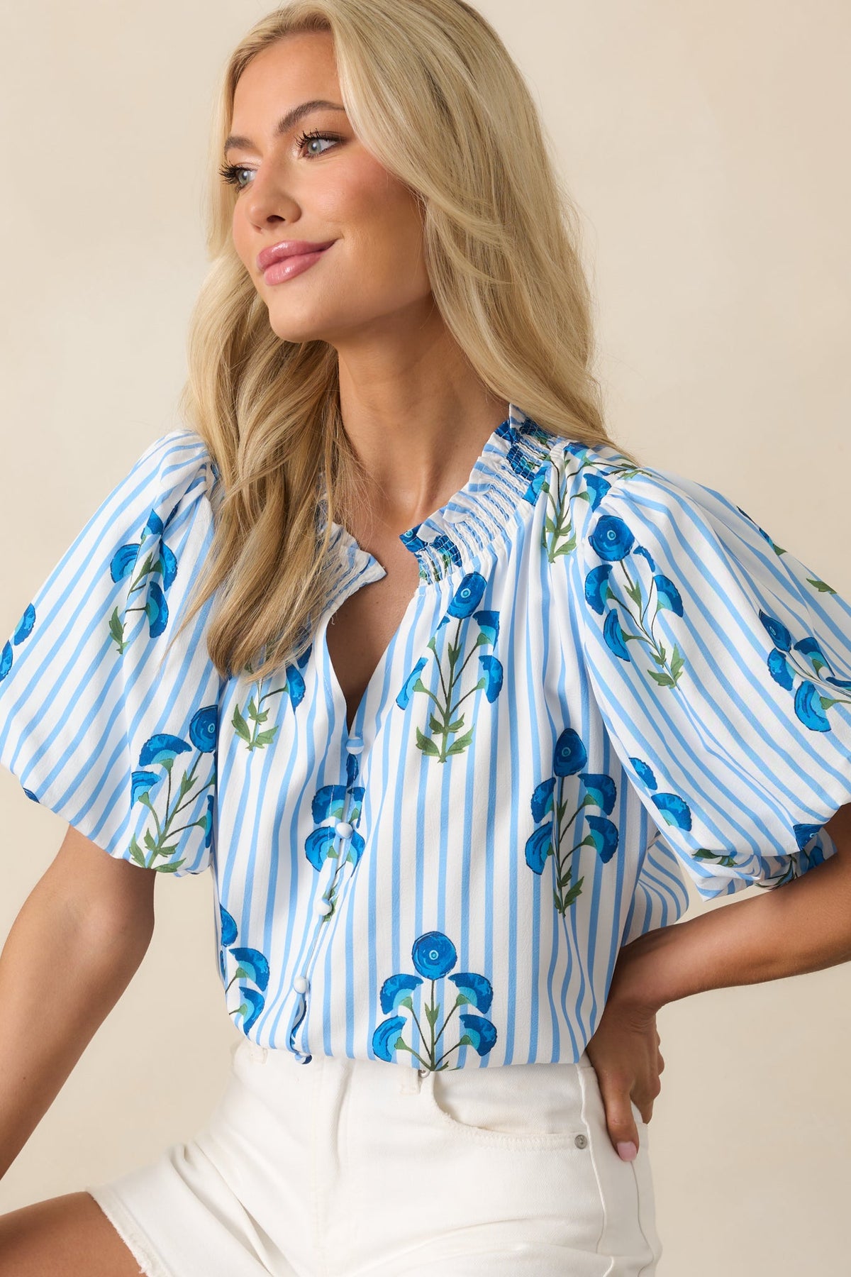 Poppy Fields Blue Button Front Puff Sleeve Top