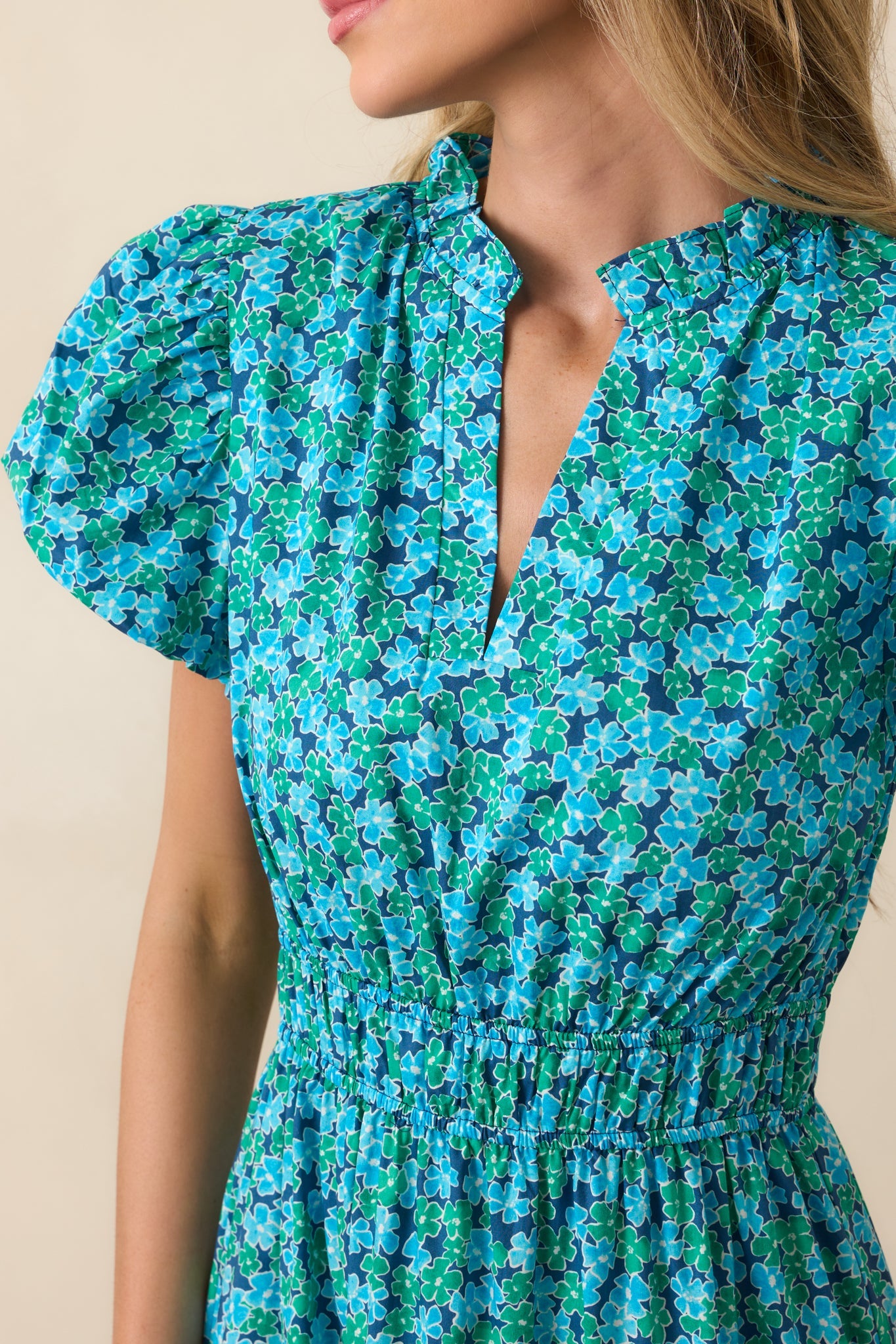 Fell For It Turquoise Floral Print Cotton Puff Sleeve Maxi Dress