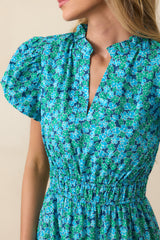 Fell For It Turquoise Floral Print Cotton Puff Sleeve Maxi Dress