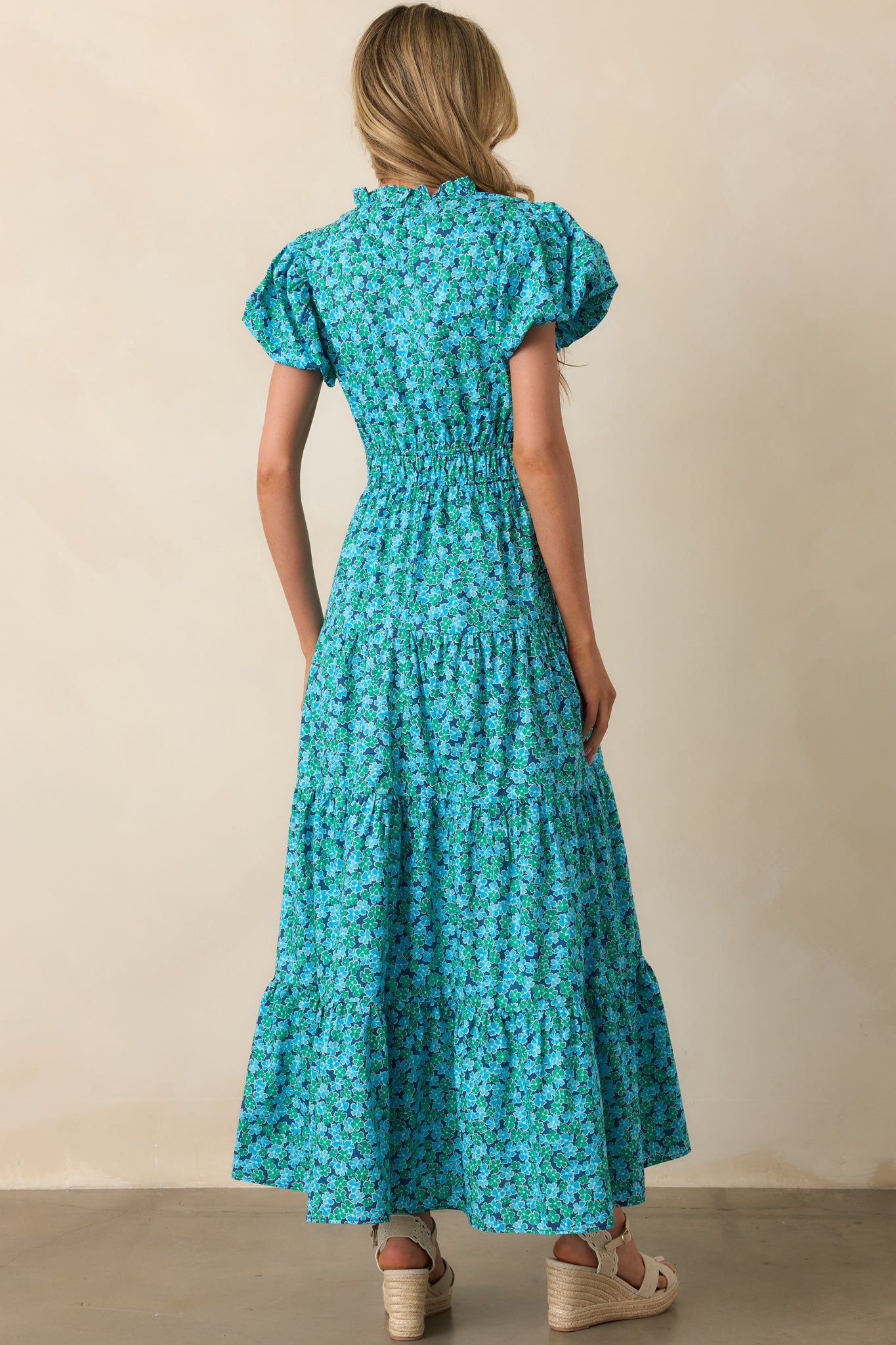 Fell For It Turquoise Floral Print Cotton Puff Sleeve Maxi Dress