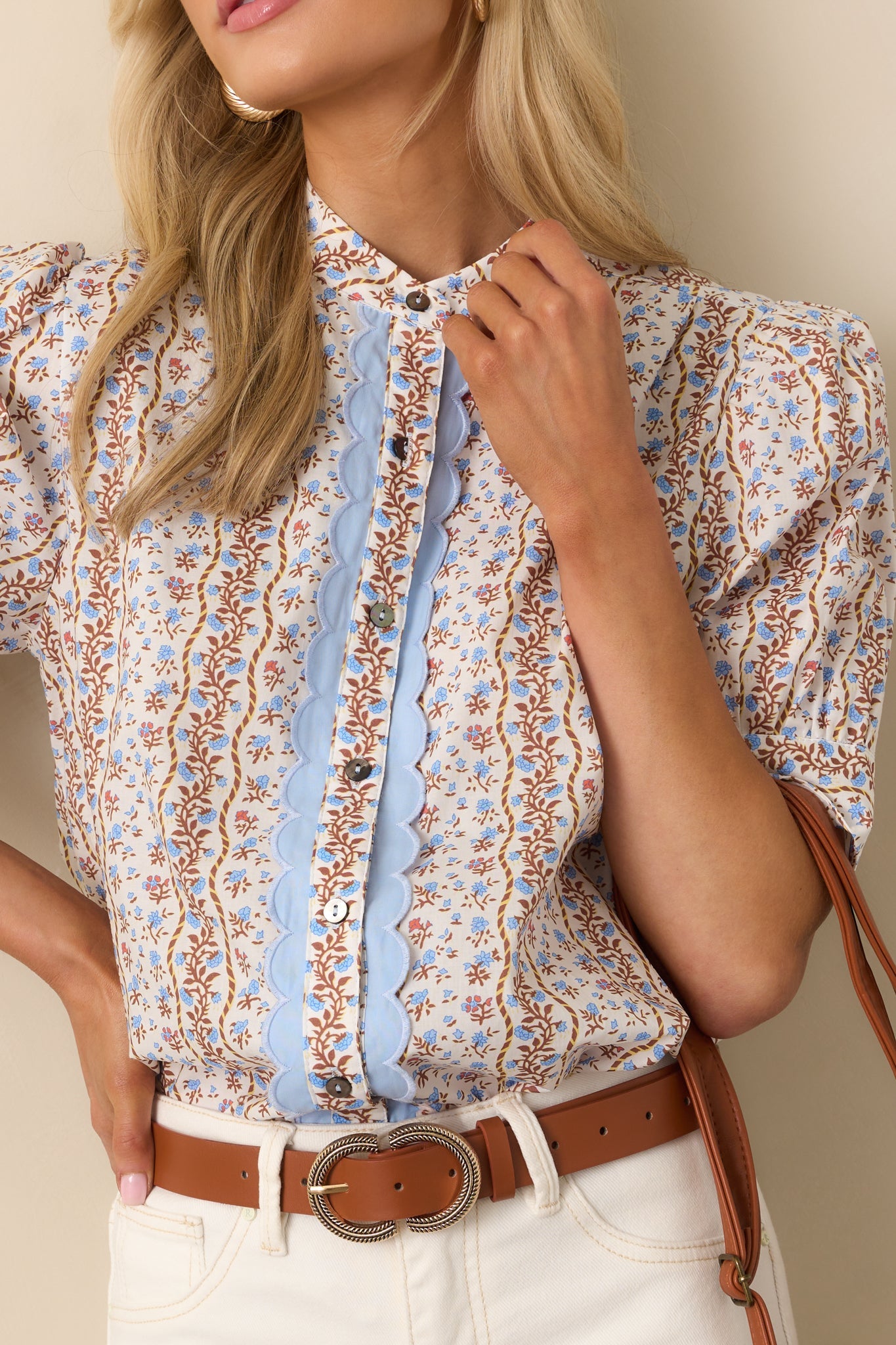The Road Ahead Light Blue Floral Cotton Button Front Top