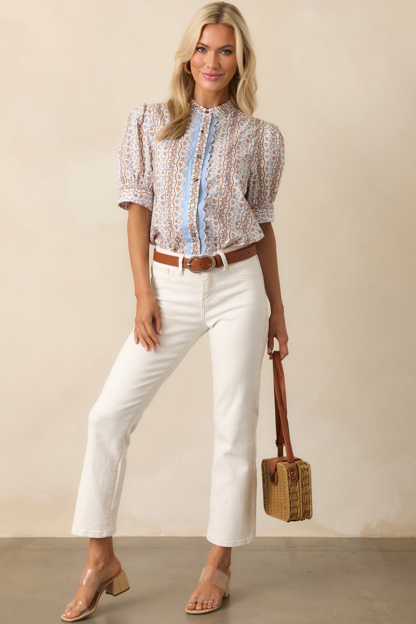 The Road Ahead Light Blue Floral Cotton Button Front Top