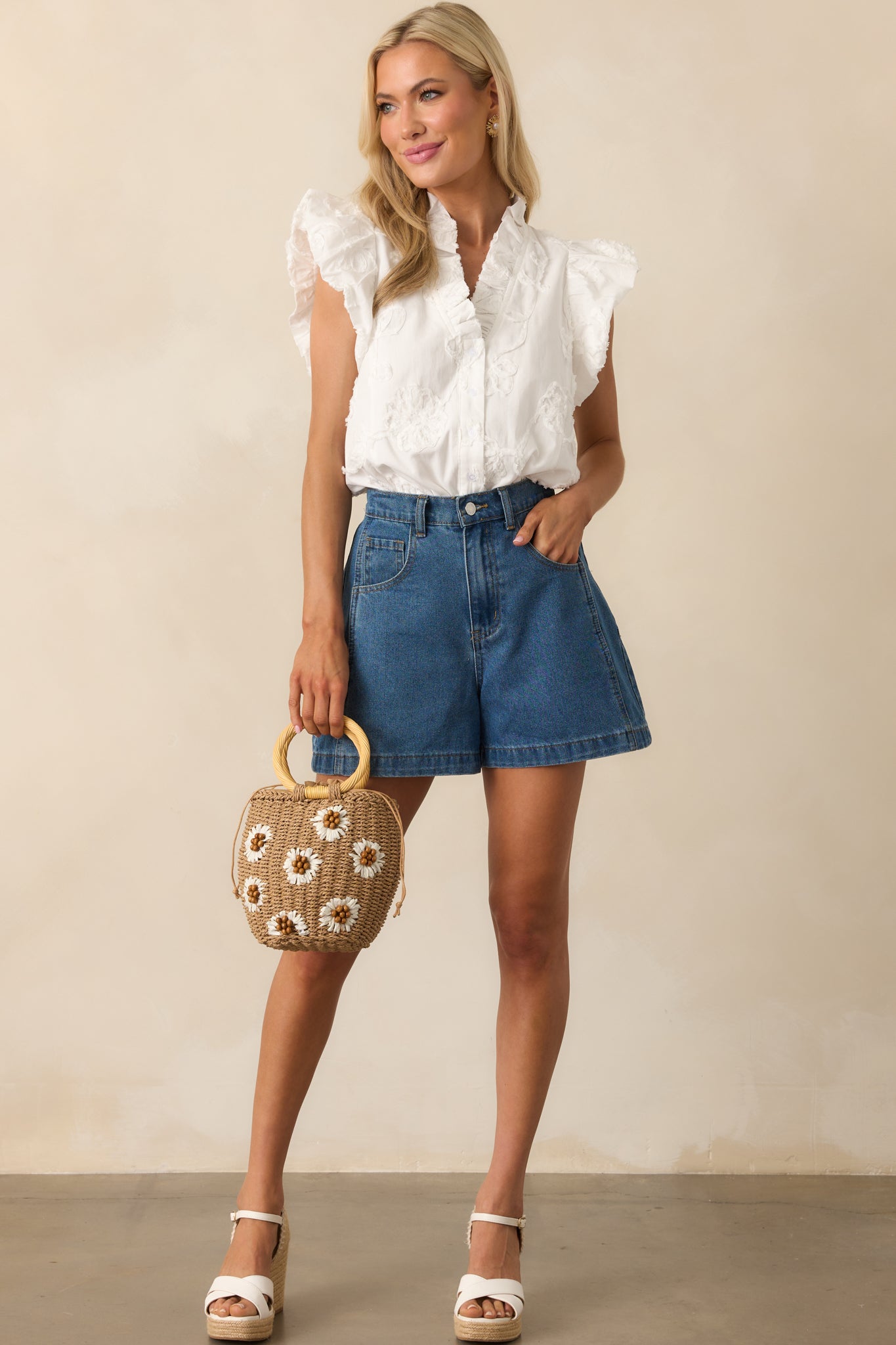 Quietly Captivating Ivory Floral Embroidered Cotton Button Front Top