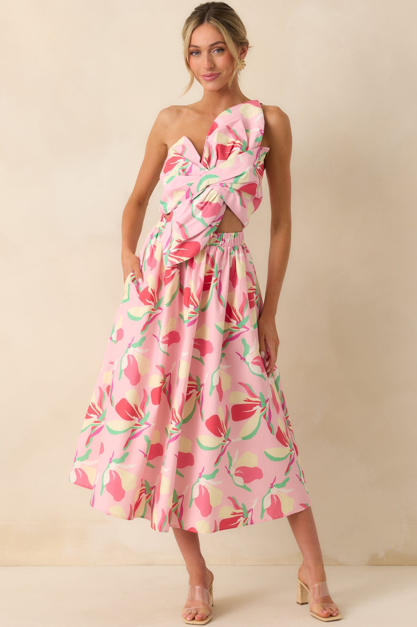 Caught In Time Pink Floral Print Cotton One Shoulder Maxi Dress