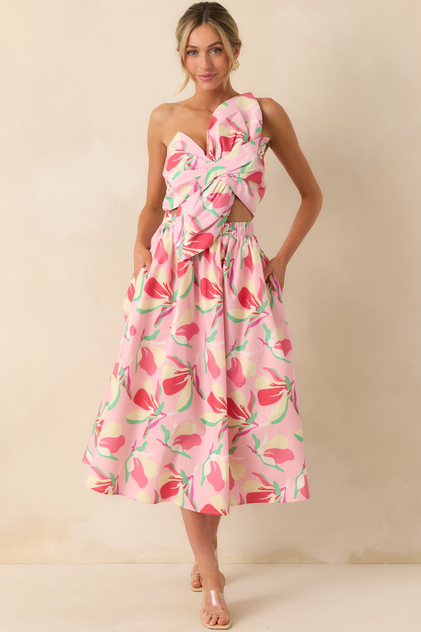 Caught In Time Pink Floral Print Cotton One Shoulder Maxi Dress