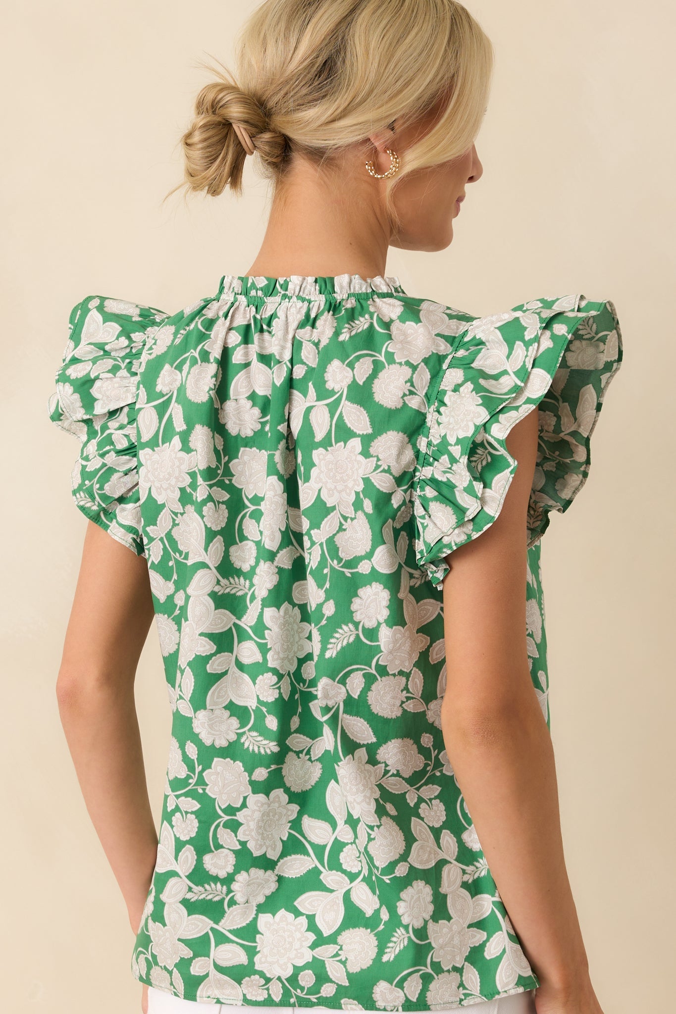 In No Rush Green Floral Print Cotton Flutter Sleeve Top