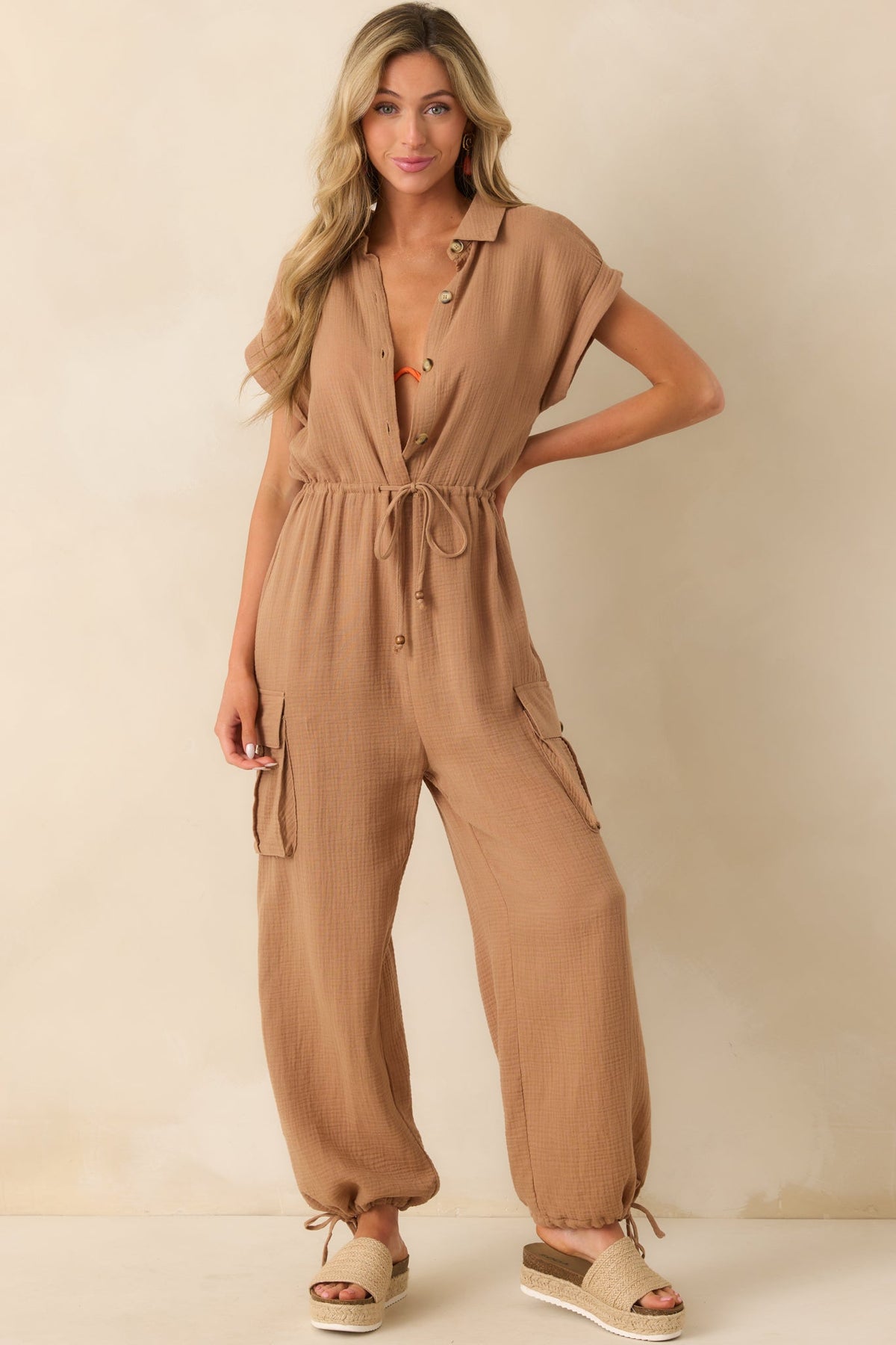 Skyline Soiree Camel Brown Cotton Gauze Jumpsuit