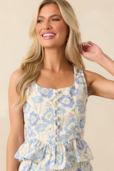 Feeling Alive And Free Light Blue Floral Cotton Peplum Top