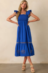 Don't Mind If I Do Cobalt Blue Cotton Embroidered Eyelet Midi Dress