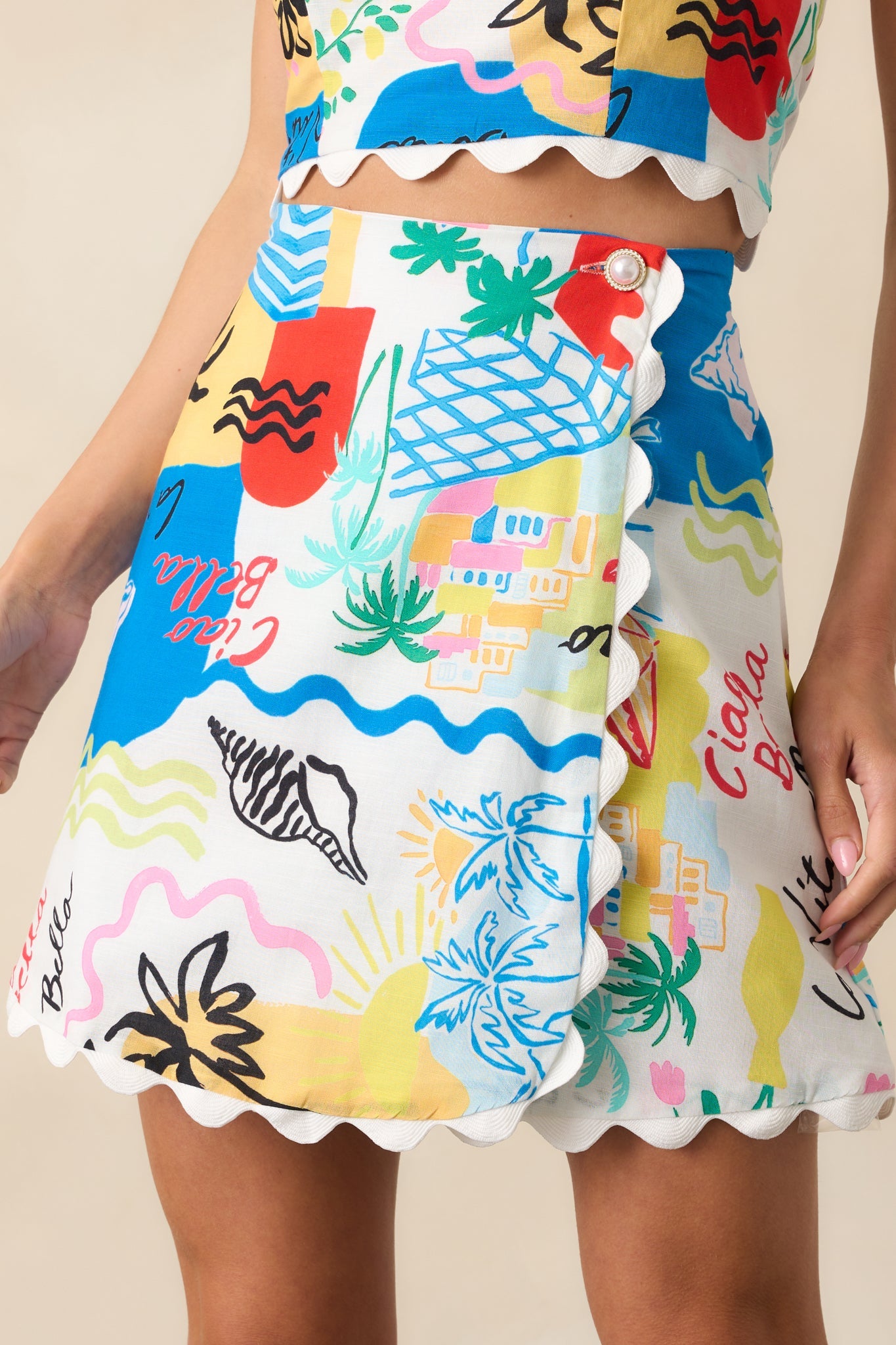 Prosperina Caterina Multi Tropical Print Scallop Linen Wrap Mini Skirt