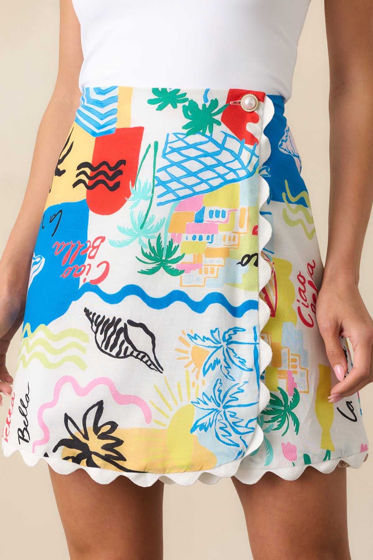 Prosperina Caterina Multi Tropical Print Scallop Linen Wrap Mini Skirt