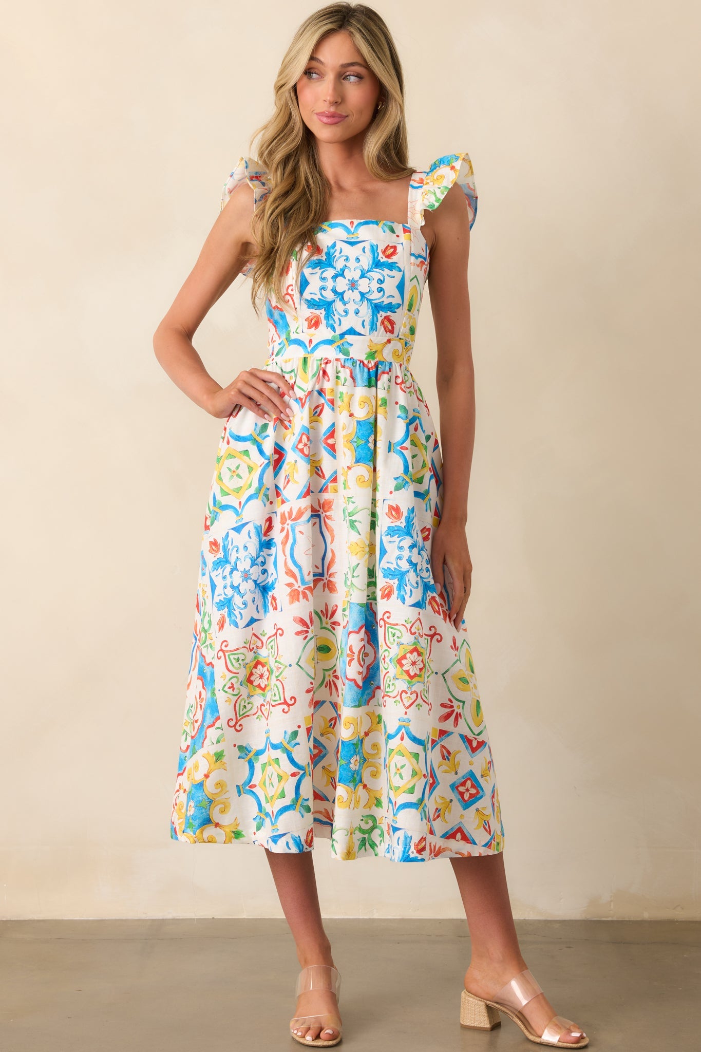 Prosperina Nicola Blue Multi Sicilian Tile Print Linen Ruffle Midi Dress