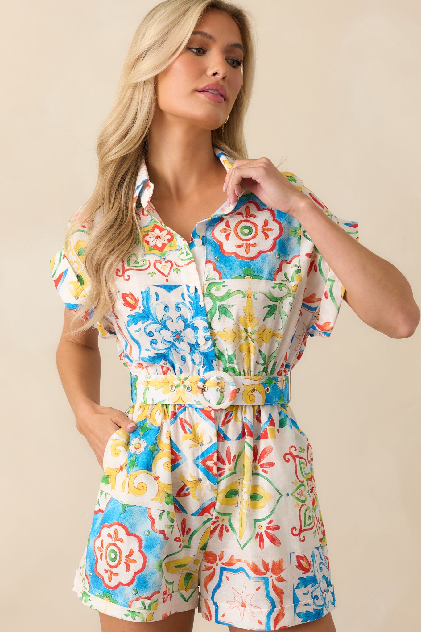 Prosperina Luca Blue Sicilian Tile Print Linen Romper