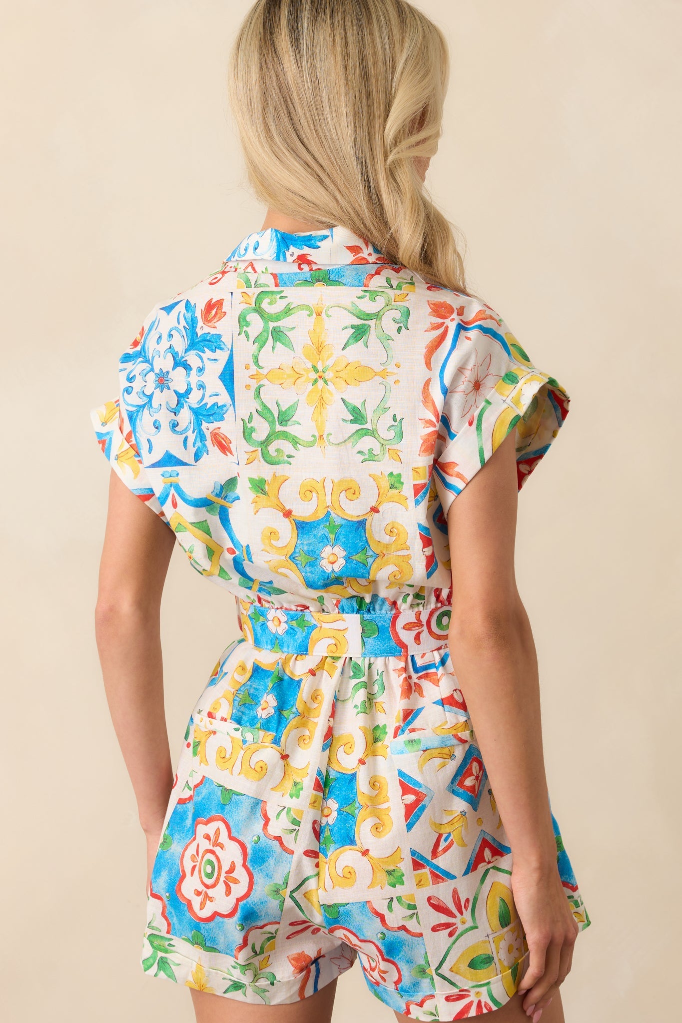 Prosperina Luca Blue Sicilian Tile Print Linen Romper