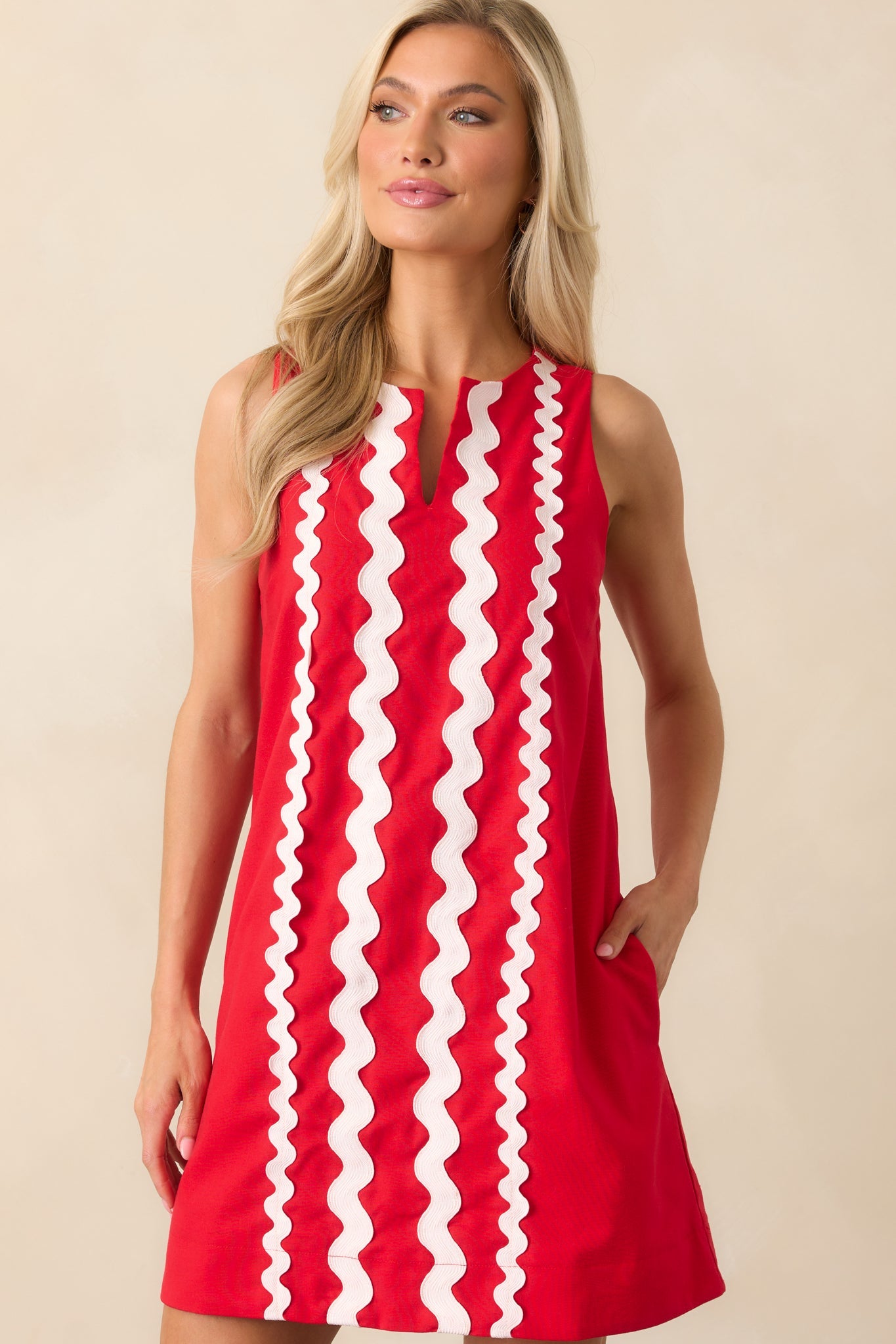 Prosperina Gigi Red Ric Rac Cotton Shift Mini Dress