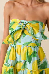 Prosperina Elena Blue Lemon Print Linen Strapless Midi Dress