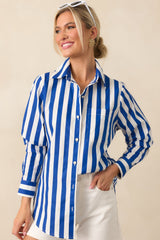 Prosperina Paula Royal Blue Stripe Cotton Button Front Top