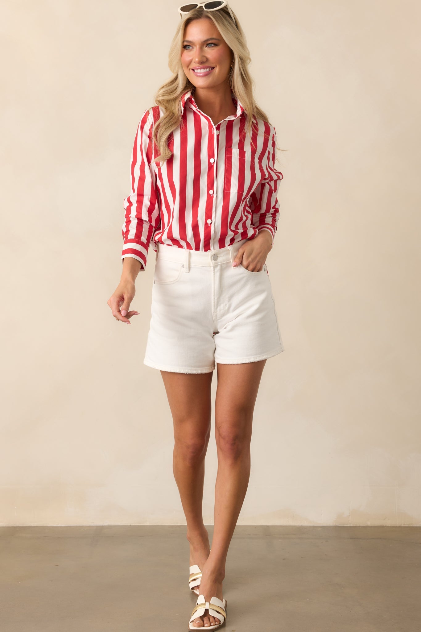 Prosperina Paula Red Stripe Cotton Button Front Top