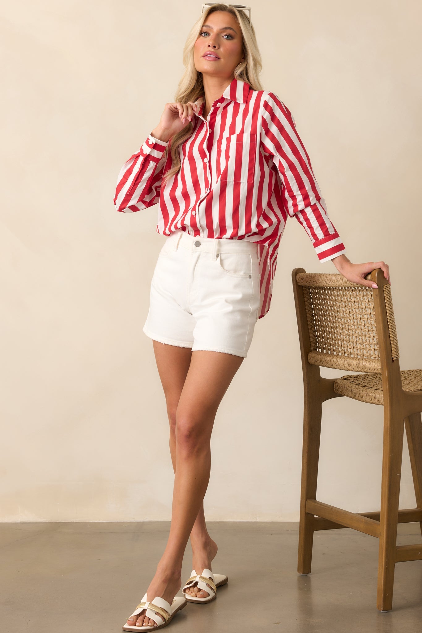 Prosperina Paula Red Stripe Cotton Button Front Top