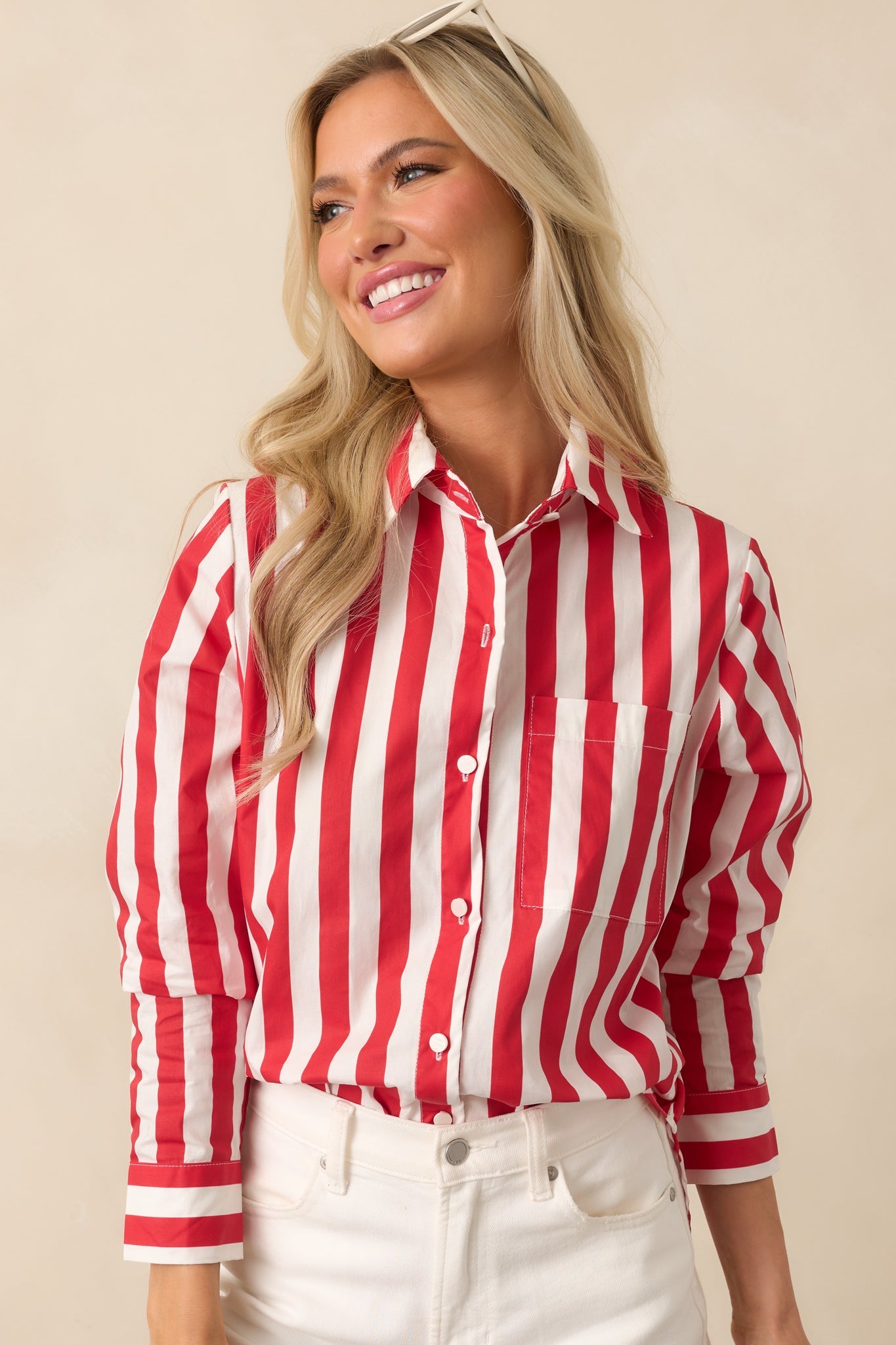 Prosperina Paula Red Stripe Cotton Button Front Top