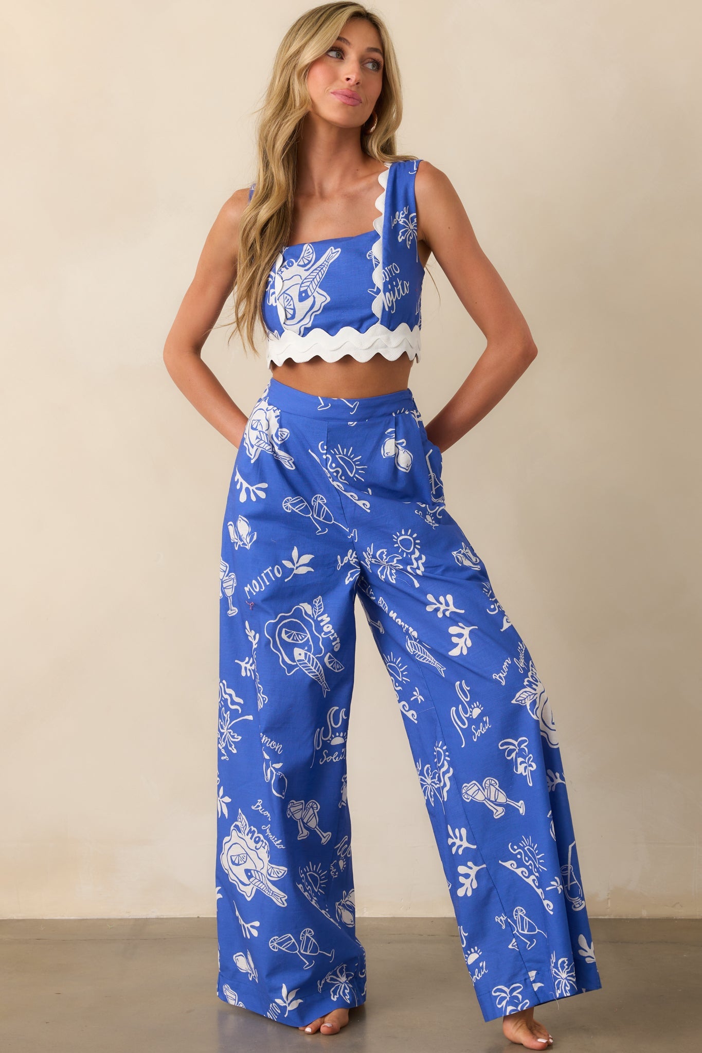 Prosperina Nina Royal Blue Mojito Print Linen Wide Leg Pants