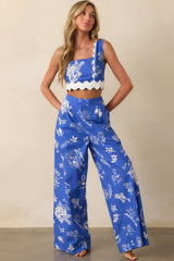 Prosperina Nina Royal Blue Mojito Print Linen Wide Leg Pants