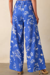 Prosperina Nina Royal Blue Mojito Print Linen Wide Leg Pants