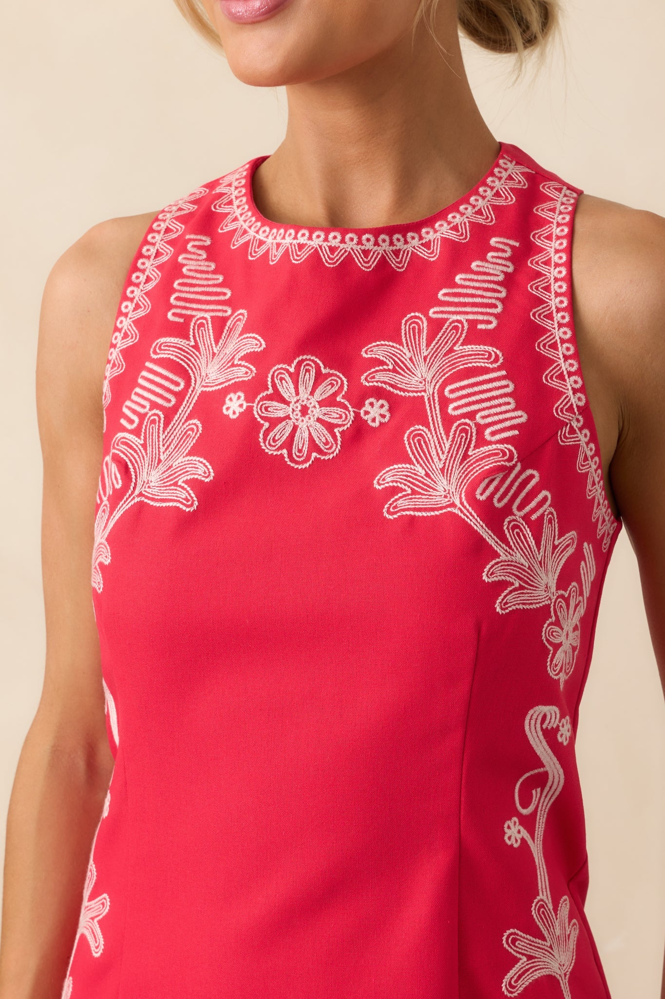 Where Memories Begin Red Floral Embroidered Cotton Mini Dress