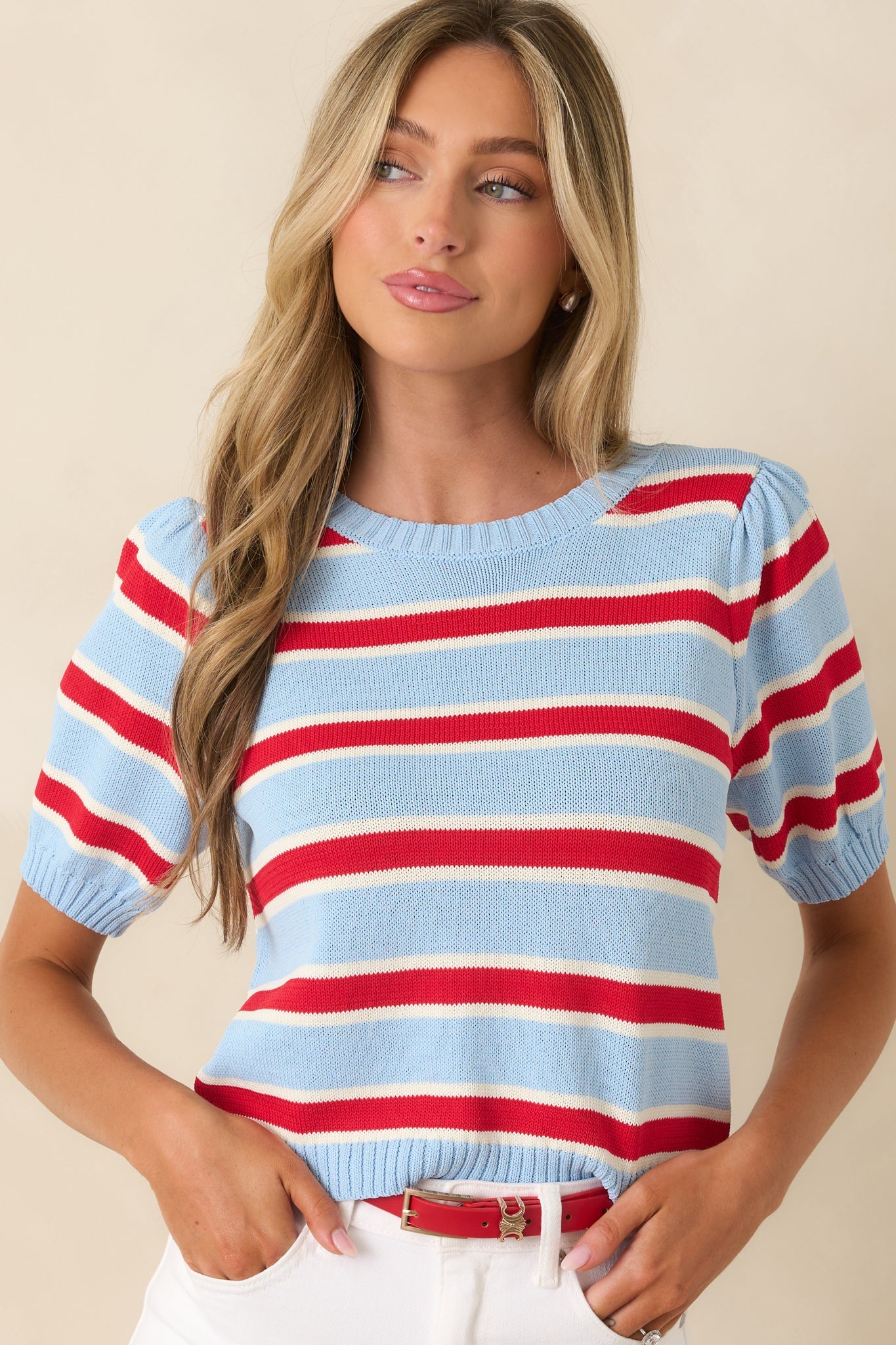 Ice Cream Socialite Light Blue & Red Stripe Knit Puff Sleeve Sweater