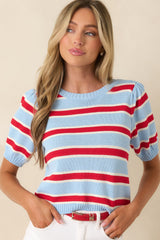 Ice Cream Socialite Light Blue & Red Stripe Knit Puff Sleeve Sweater