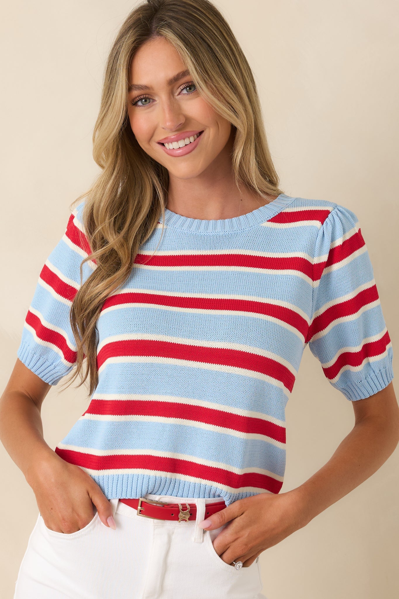 Ice Cream Socialite Light Blue & Red Stripe Knit Puff Sleeve Sweater
