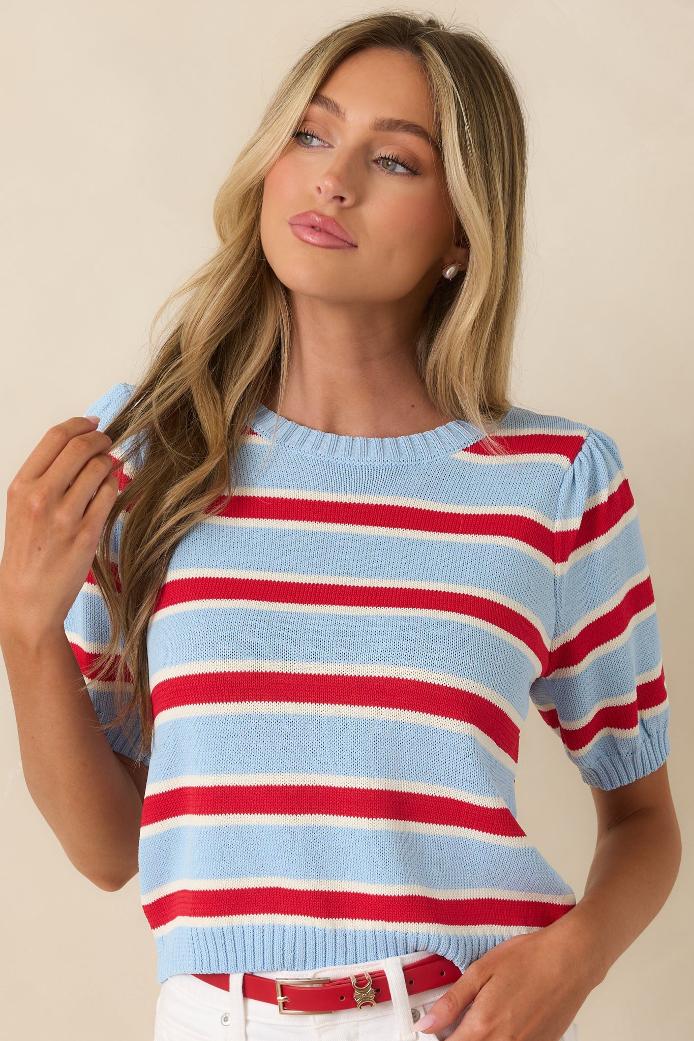 Ice Cream Socialite Light Blue & Red Stripe Knit Puff Sleeve Sweater