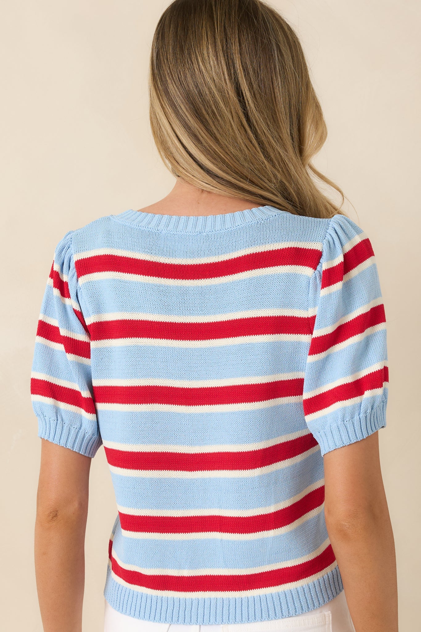 Ice Cream Socialite Light Blue & Red Stripe Knit Puff Sleeve Sweater