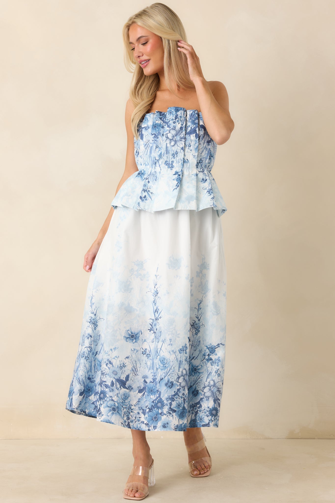 Gathered in Grace Blue Floral Cotton Strapless Midi Dress
