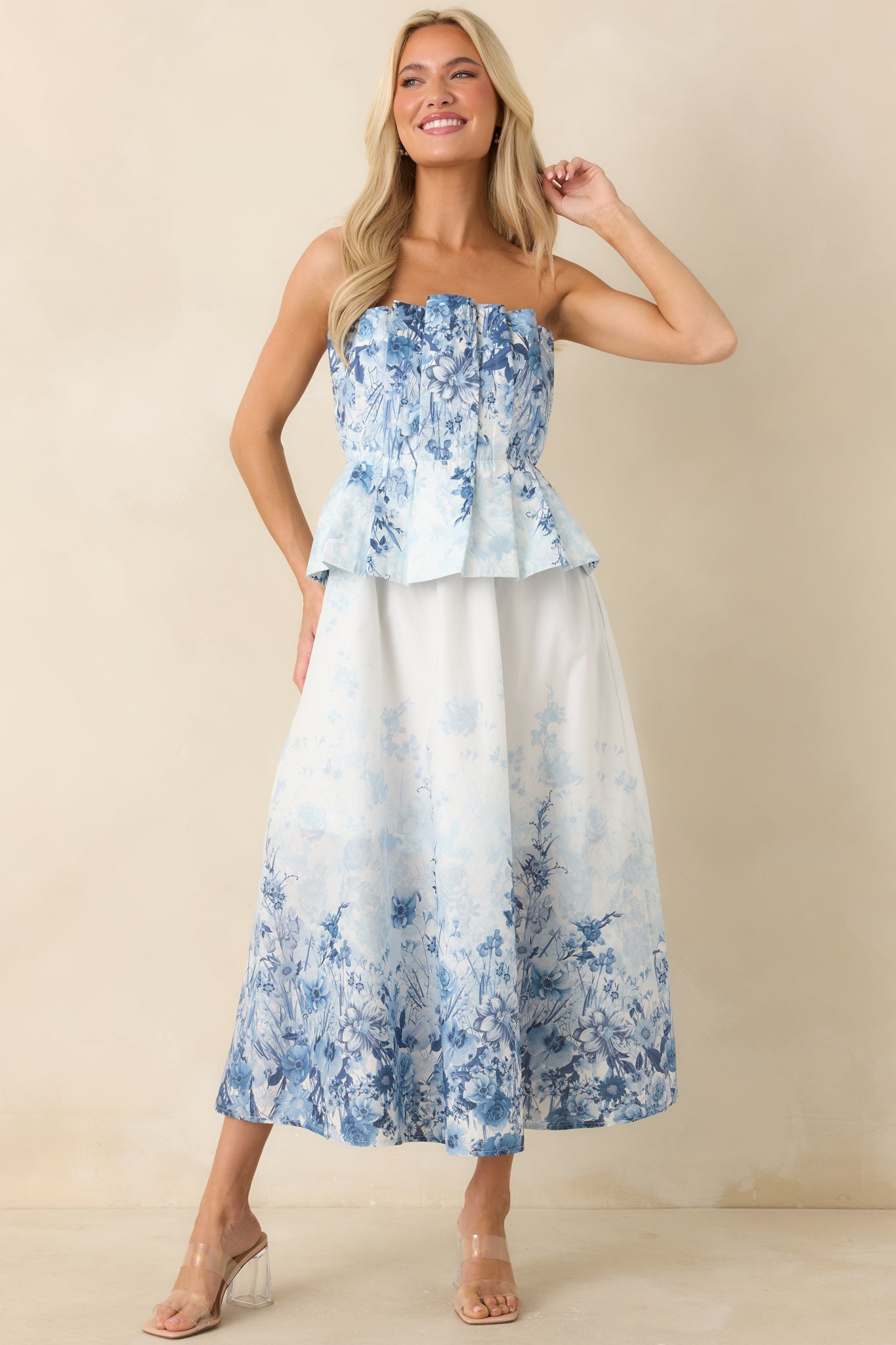 Gathered in Grace Blue Floral Cotton Strapless Midi Dress