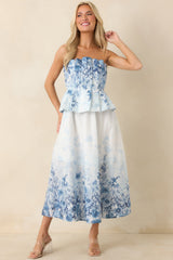 Gathered in Grace Blue Floral Cotton Strapless Midi Dress