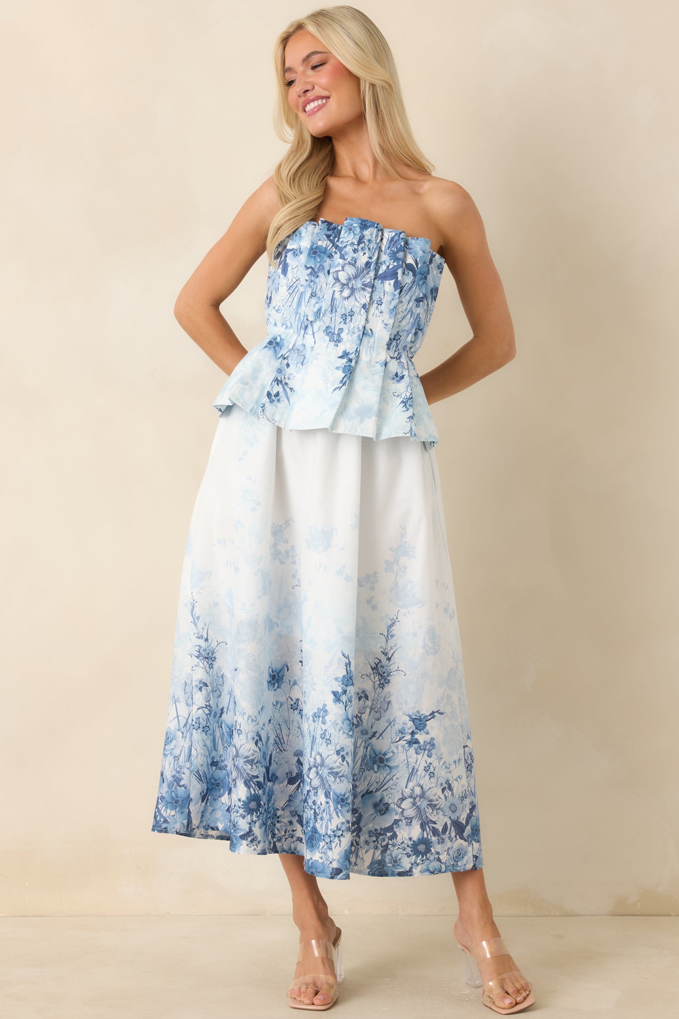Gathered in Grace Blue Floral Cotton Strapless Midi Dress